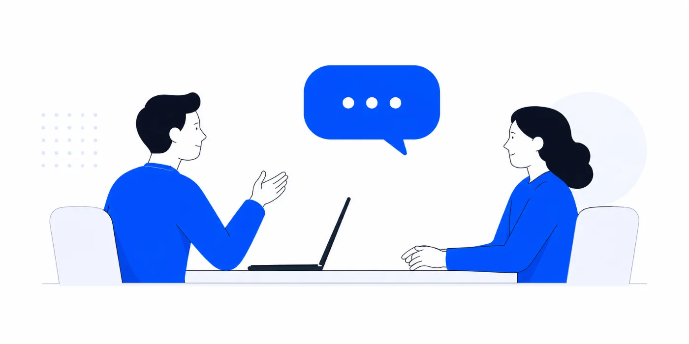 Ilustración de dos personas conversando en una reunión de consultoría